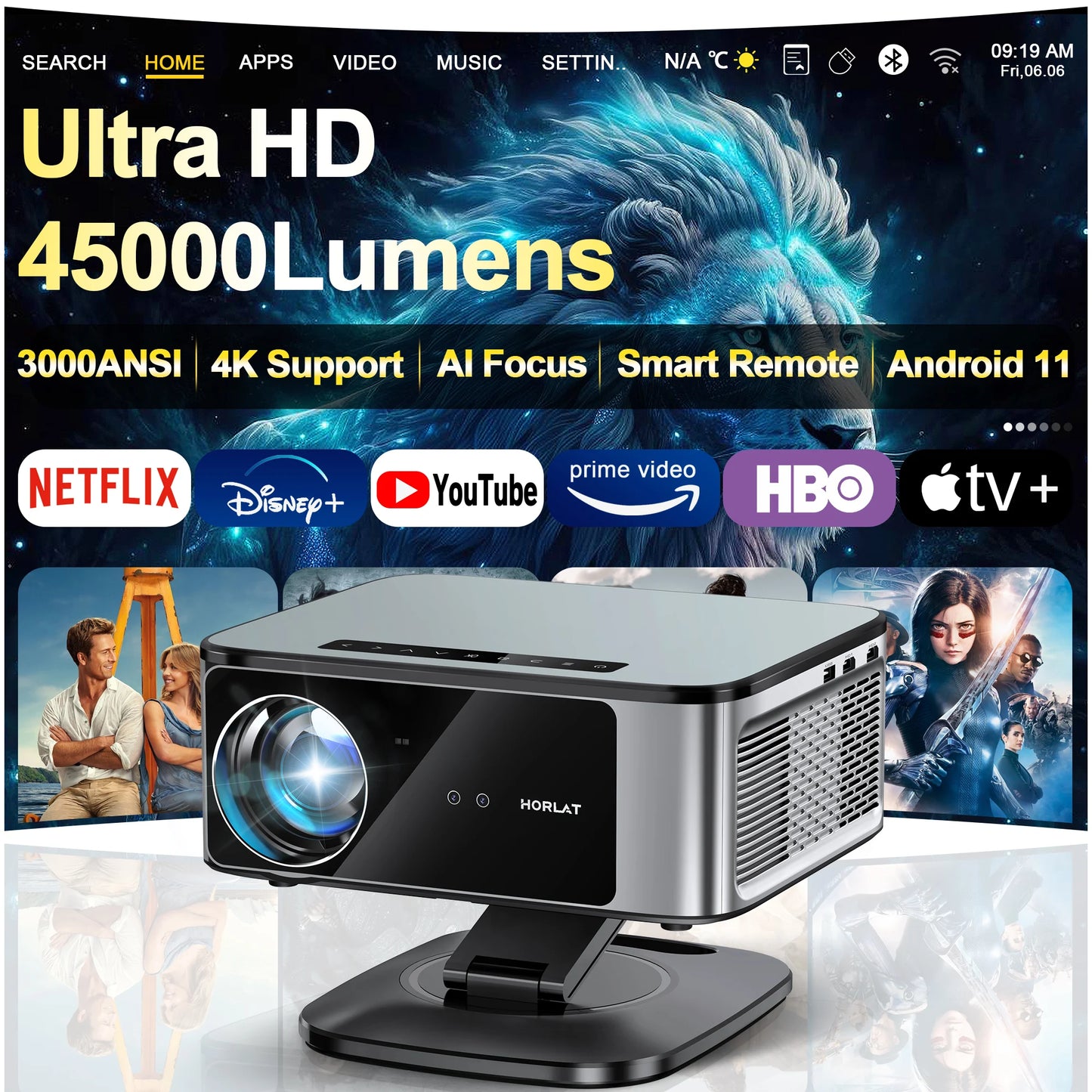 2025  45000 Lumens 4K UHD Projector Laser TOF Focus Android 11 Wifi 6 1080P Full HD Daylight Home Theater Movie Projector