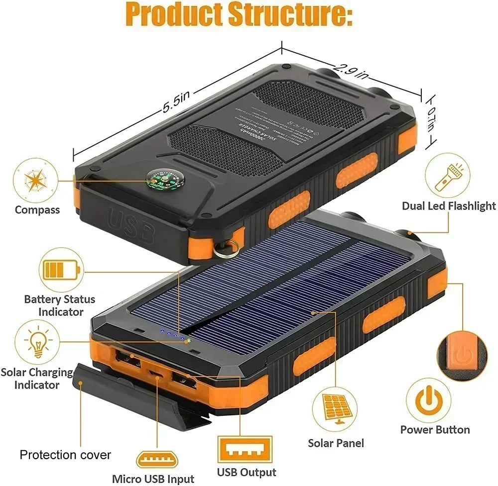 200000Mah Solar Power Bank Portable Charging Poverbank External Battery Charger Strong Light LDE Light for Iphone Huawei