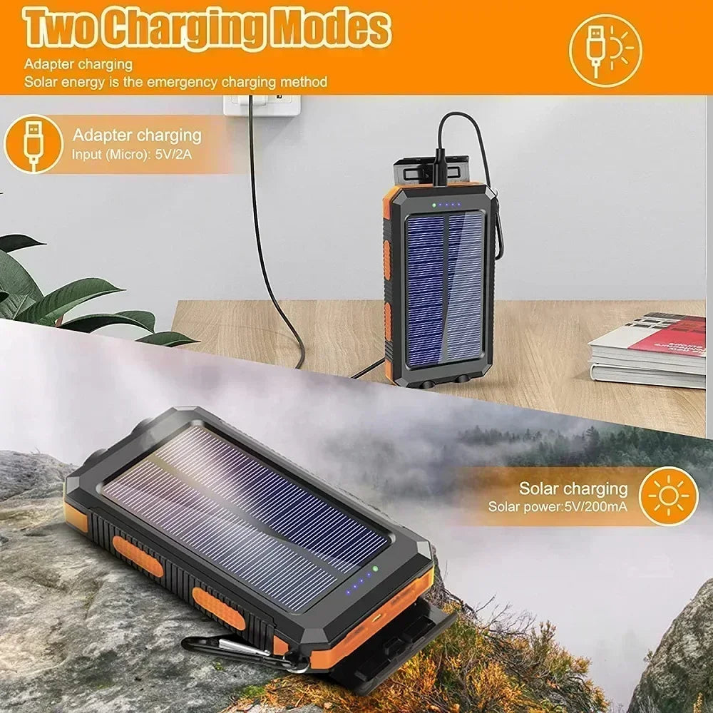 200000Mah Solar Power Bank Portable Charging Poverbank External Battery Charger Strong Light LDE Light for Iphone Huawei